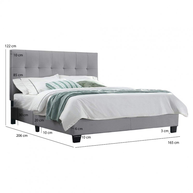 Lit double GRIS 160x200 tête de lit, pieds et sommier intégrés - PANDORA