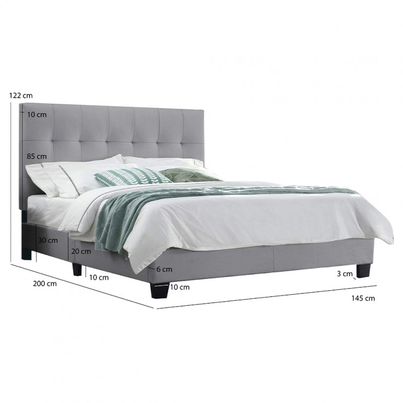 Lit double 140 x 190 cm en simili gris clair + sommier fixe - PANDORA