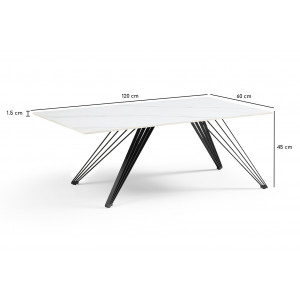 Table basse 120x60 cm céramique blanc marbré pieds filaires - NEVADA 01