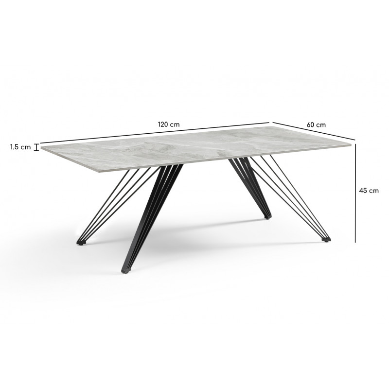 Table basse 120x60 cm céramique gris marbré laqué pieds filaires - DAKOTA 01
