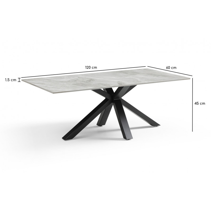 Table basse 120x60 cm céramique gris marbré laqué pied croix - DAKOTA 04