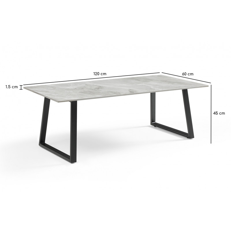Table basse 120x60 cm céramique gris marbré laqué pieds luge - DAKOTA 02