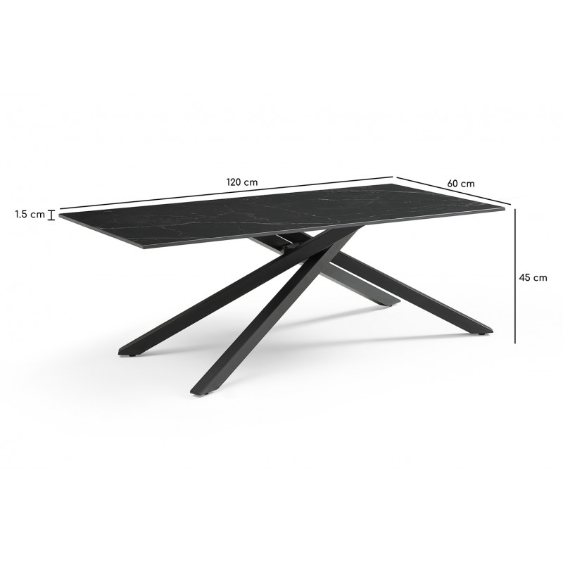 Table basse 120x60 cm céramique noir marbré pied torsadé - INDIANA 05