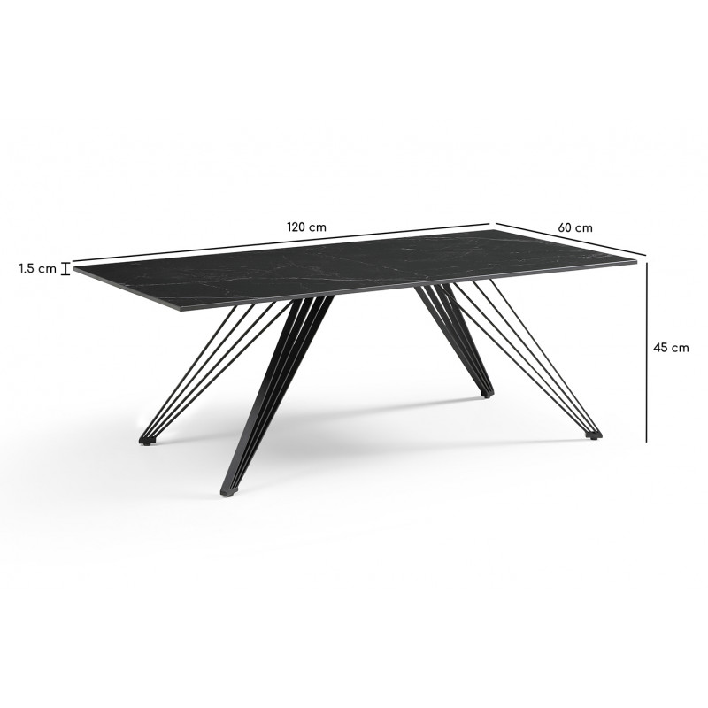 Table basse 120x60 cm céramique noir marbré pieds filaires - INDIANA 01