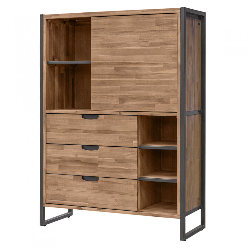 Étagère en bois d'acacia et piètement en métal effet vieilli gris anthracite avec 3 tiroirs 5 niches et 1 porte - MAYBEL