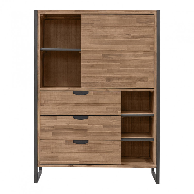 Étagère en bois d'acacia et piètement en métal effet vieilli gris anthracite avec 3 tiroirs 5 niches et 1 porte - MAYBEL