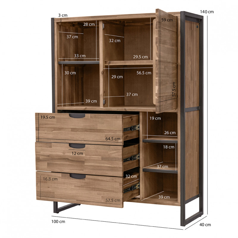 Étagère en bois d'acacia et piètement en métal effet vieilli gris anthracite avec 3 tiroirs 5 niches et 1 porte - MAYBEL