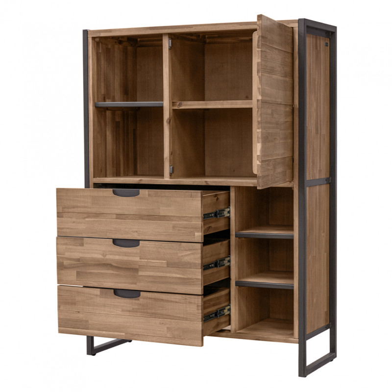 Étagère en bois d'acacia et piètement en métal effet vieilli gris anthracite avec 3 tiroirs 5 niches et 1 porte - MAYBEL