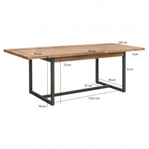 Table de repas extensible L180/220 cm en bois d'acacia et piètement en métal effet vieilli gris anthracite - MAYBEL