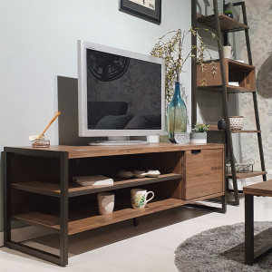 Meuble TV en bois d'acacia et piètement en métal effet vieilli gris anthracite avec 1 porte et 2 niches ouvertes - MAYBEL