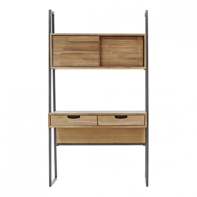 Bureau en bois d'acacia et piètement en métal effet vieilli gris anthracite avec 2 tiroirs et 2 portes coulissantes - MAYBEL