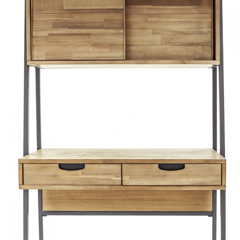 Bureau en bois d'acacia et piètement en métal effet vieilli gris anthracite avec 2 tiroirs et 2 portes coulissantes - MAYBEL