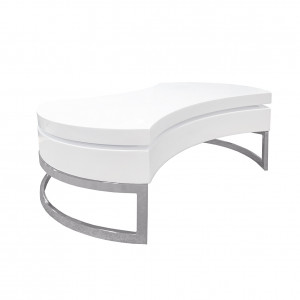 Table basse 90 cm avec plateau pivotant blanc laqué et pieds métal chromé avec rangements - Design moderne - ORBIT
