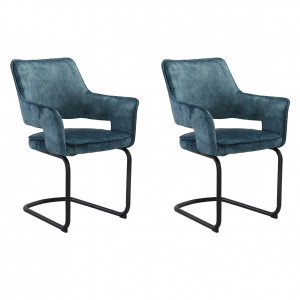 Lot de 2 chaises tissu bleu et piétement métal noir - RIO
