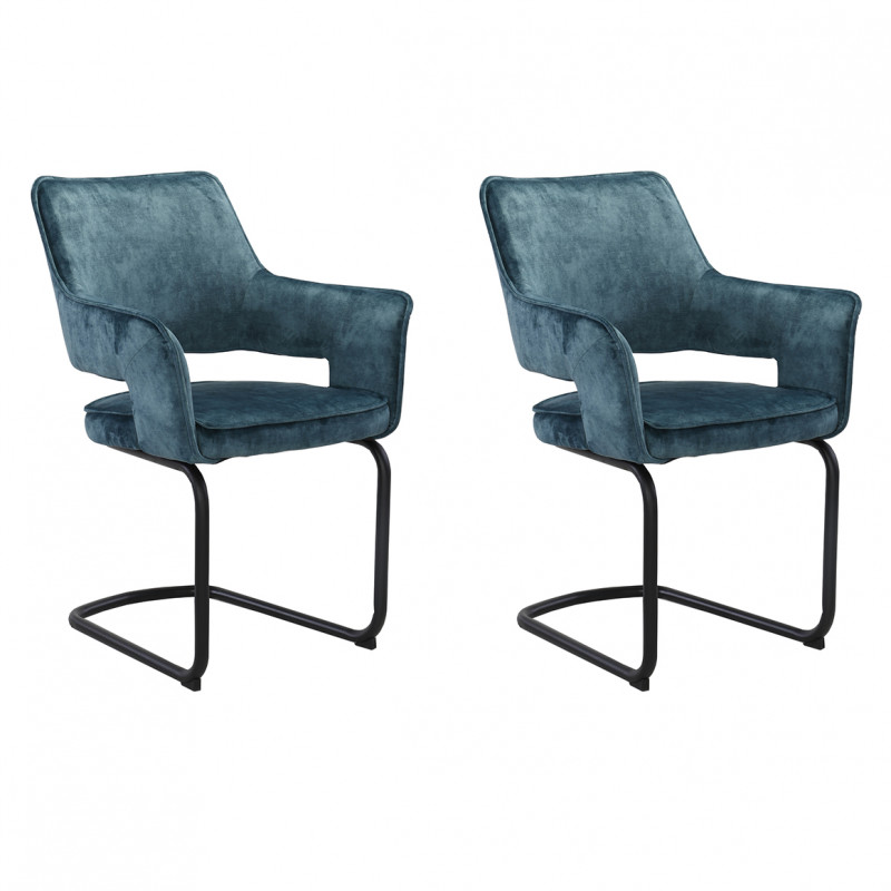 Lot de 2 chaises tissu bleu et piétement métal noir - RIO