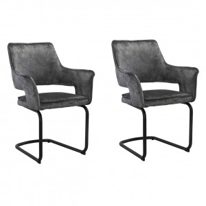Lot de 2 chaises fauteuil tissu gris foncé velours confortable et piétement luge en métal noir - RIO
