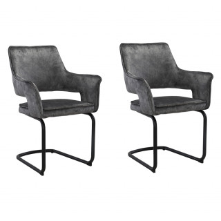 Lot de 2 chaises fauteuil tissu gris foncé velours confortable et piétement luge en métal noir - RIO