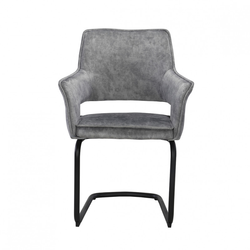 Lot de 2 chaises fauteuil tissu gris clair velours confortable et piétement luge en métal noir - RIO