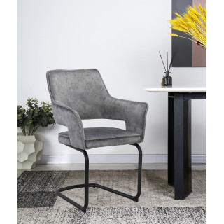Lot de 2 chaises fauteuil tissu gris clair velours confortable et piétement luge en métal noir - RIO
