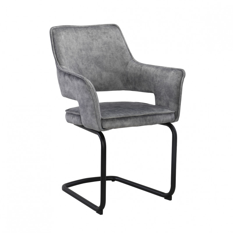 Lot de 2 chaises fauteuil tissu gris clair velours confortable et piétement luge en métal noir - RIO
