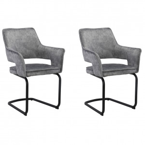 Lot de 2 chaises fauteuil tissu gris clair velours confortable et piétement luge en métal noir - RIO