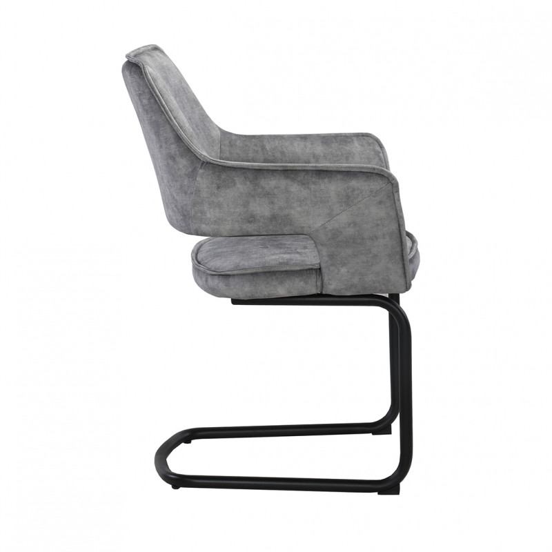 Lot de 2 chaises fauteuil tissu gris clair velours confortable et piétement luge en métal noir - RIO