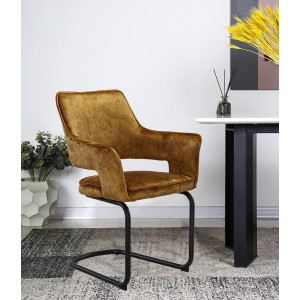 Lot de 2 chaises fauteuil tissu jaune velours confortable et piétement luge en métal noir - RIO