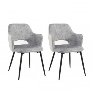 Lot de 2 chaises accoudoirs gris clair bi-matière suédine et simili avec piétement métal noir - design contemporain - LILOU