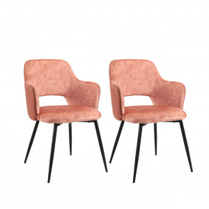 Lot de 2 chaises accoudoirs rose bi-matière suédine et simili avec piétement métal noir - design contemporain - LILOU