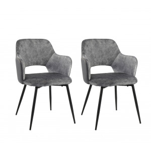 Lot de 2 chaises accoudoirs gris foncé bi-matière suédine et simili avec piétement métal noir - design contemporain - LILOU
