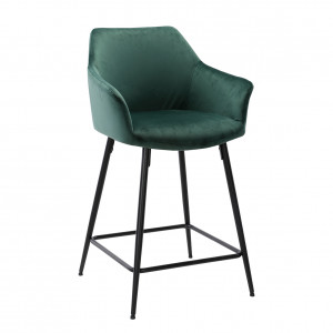 Chaise haute de bar en velours vert avec dossier et piétement métal - CHIC