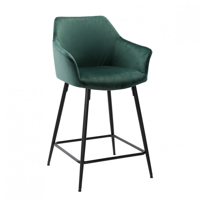 Chaise haute de bar en velours vert et piétement métal noir - CHIC