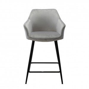 Chaise haute de bar en velours gris clair avec dossier et piétement métal - CHIC
