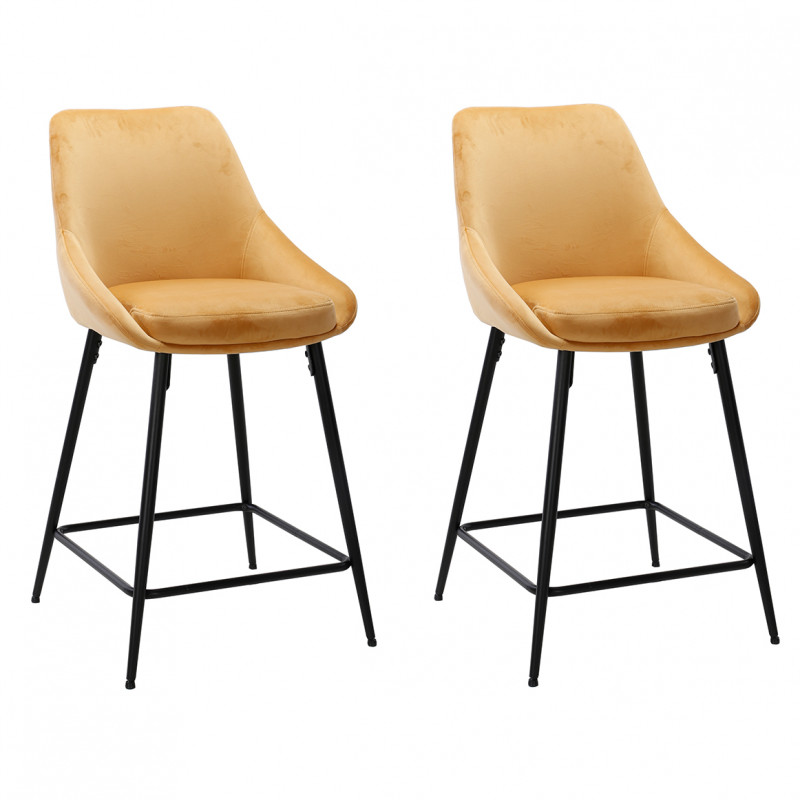 Lot de 2 tabourets de bar en velours jaune et piètement métal - JAZZY