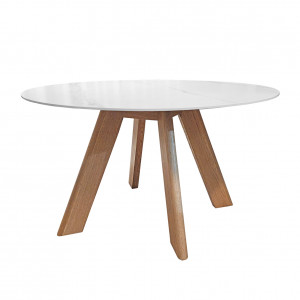 Table de repas ronde céramique blanc marbré et bois D120 cm - LILIA