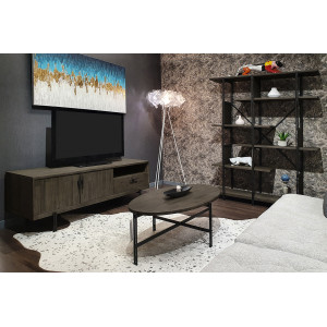 Meuble TV en bois d'acacia massif cendré avec piètement métal - KUBI