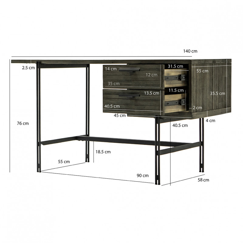 Bureau L140 cm en bois cendré structure en métal - KUBI