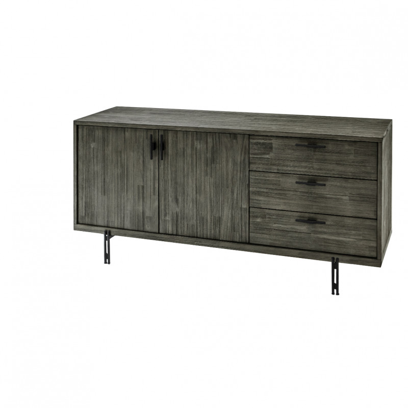 Buffet en bois d'acacia massif cendré avec piètement métal noir - KUBI