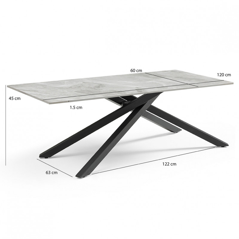 Table basse 120x60 cm céramique gris marbré laqué pied torsadé - DAKOTA 05