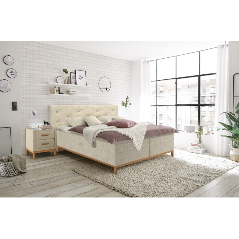 Lit boxspring 2x80x200 cm tissu écru avec matelas et surmatelas - SKY