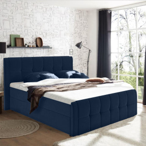 Lit boxspring 160x200 cm velours bleu + matelas et surmatelas - RIVEN