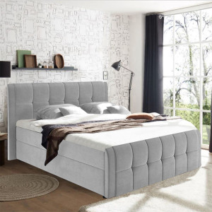 Lit boxspring 160x200 cm velours gris + matelas et surmatelas - RIVEN