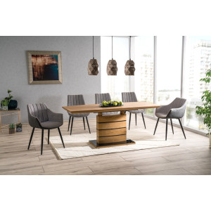 Table de repas extensible 140/180 cm décor bois chêne artisan avec pied épais design en verre trempé 6 à 8 convives - LEANDRE