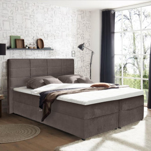 Lit boxspring 160x200 velours taupe + matelas et surmatelas - BRANDON