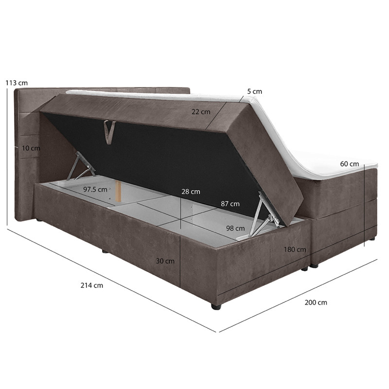 Lit boxspring 180x200 velours taupe + matelas et surmatelas - BRANDON