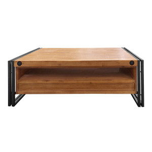 Table basse style industriel - bois massif acacia et métal - 2 tiroirs et niche de rangement - WORKSHOP