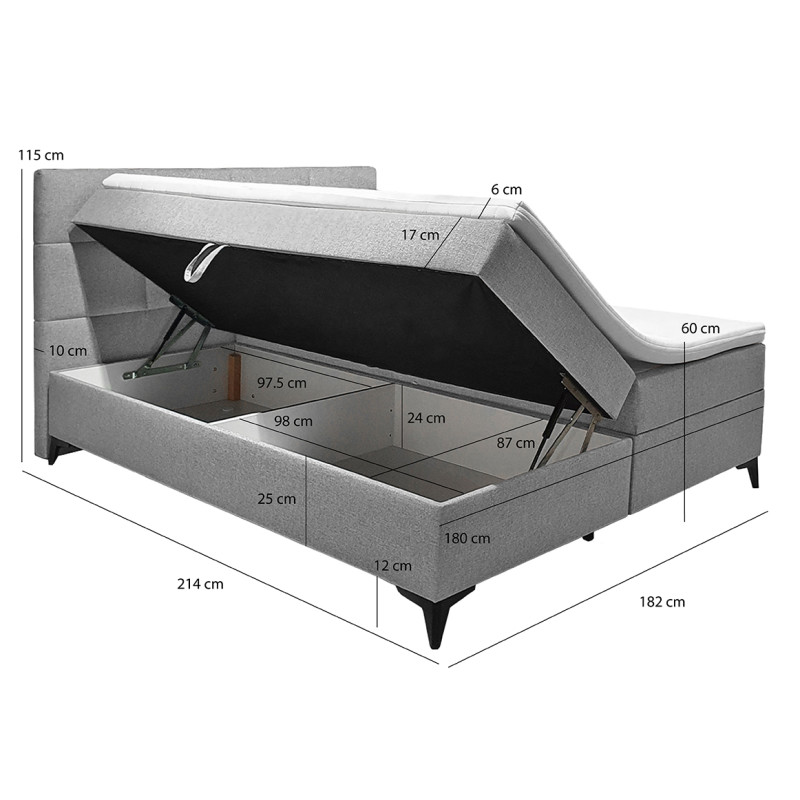 Lit boxspring 180x200 cm tissu gris + matelas et surmatelas - AISHA