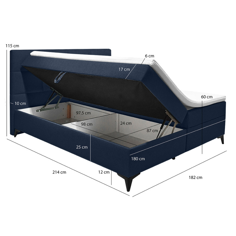 Lit boxspring 180x200 cm velours bleu + matelas et surmatelas - AISHA