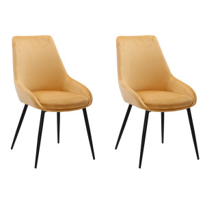 Lot de 2 chaises confortables en tissu velours doux jaune avec piétement fin en métal noir - JAZZY