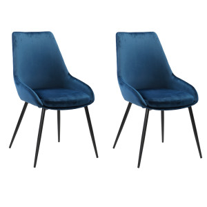Lot de 2 chaises confortables en tissu velours doux bleu marine avec piétement fin en métal noir - JAZZY